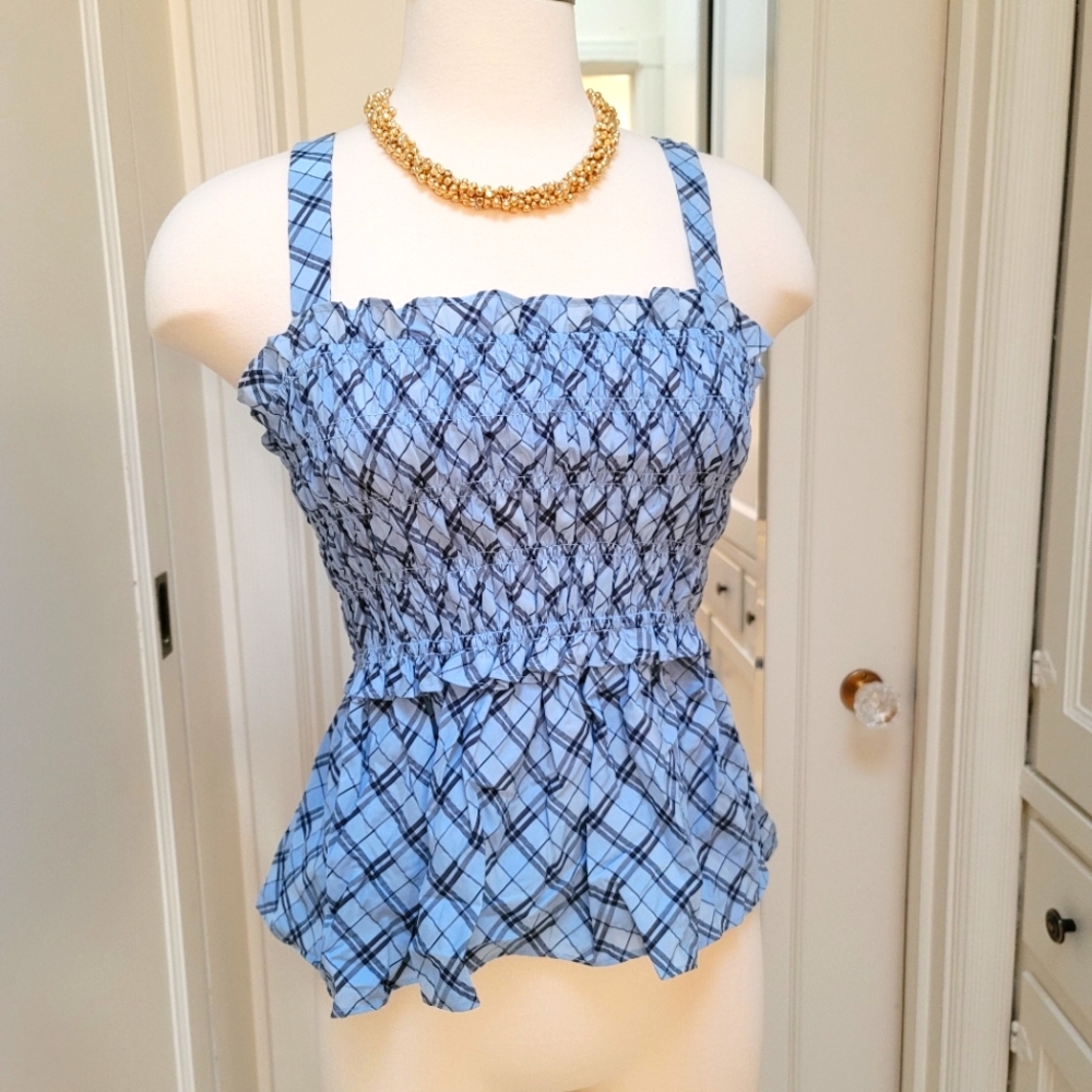 New! J Crew sz Medium M Blue Smocked tank in textured plaid NWT